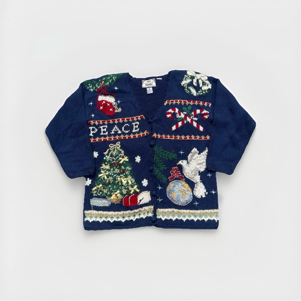 Tiara International Vintage 90s Christmas Cardigan Sweater Women's Size S Peace